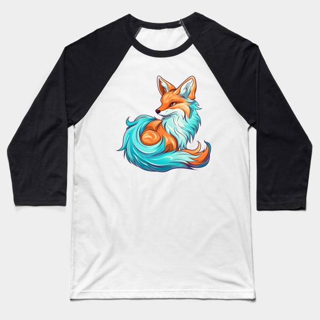 Whimsical fluffy red fox with cyan fur Baseball T-Shirt by Clearmind Arts
